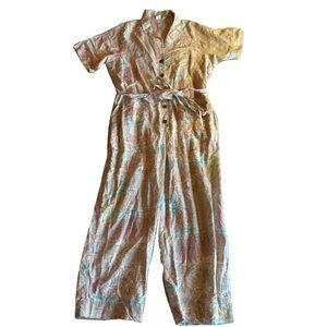 Old Navy Linen‎ Blend Belted Jumpsuit, Short Sleeve, Palm Trees, Size 14